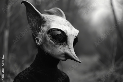 A bizarre creature with a beak-like nose and large black eyes in a monochromatic forest