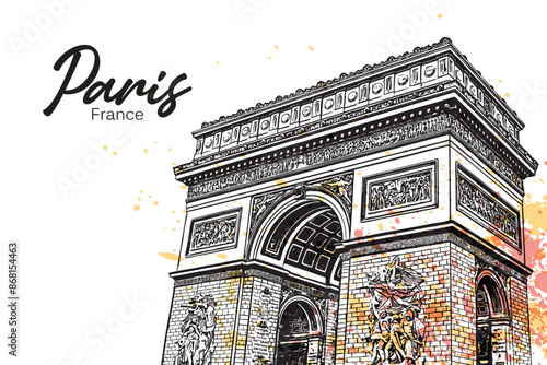 The Arc de Triomphe is one of the main symbols of Paris and France. Vector highly detailed hand-drawn illustration