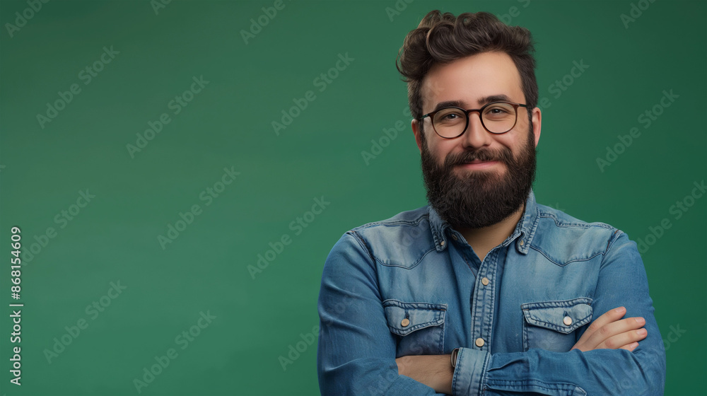 Young handsome man with beard wearing casual sweater and glasses over green background happy face smiling with crossed arms looking at the camera. Positive person. Young handsome man with beard wearing casual sweater and glasses over green background happy face smiling with crossed arms looking at the camera. Positive person.