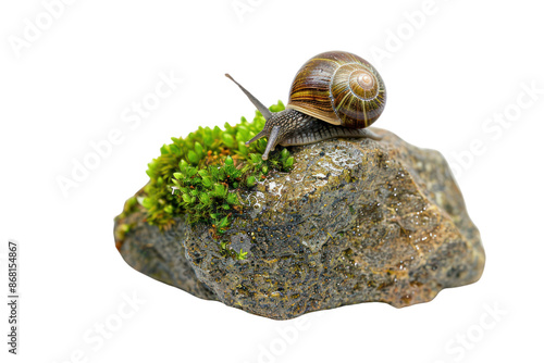 A snail with a spiral shell slowly moves across a moss-covered rock. Nature and wildlife captured outdoor. photo