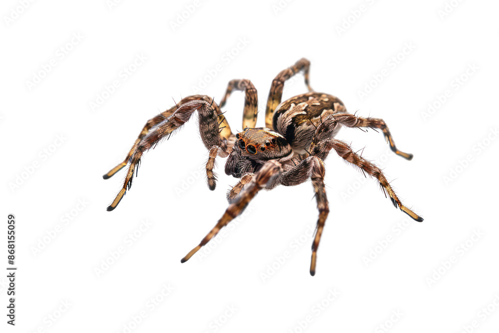 A detailed closeup of a wolf spider, showcasing its intricate markings and menacing presence. The spider is isolated against a white background, highlighting its textured exoske A detailed closeup of a wolf spider, showcasing its intricate markings and menacing presence. The spider is isolated against a white background, highlighting its textured exoske