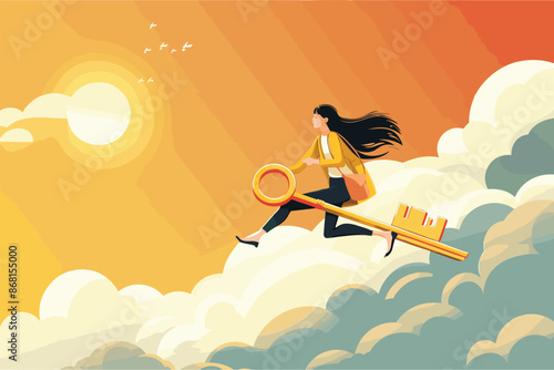 Businesswoman riding golden key, symbolizing unlocking true potential for success, seizing opportunities, and achieving career advancement