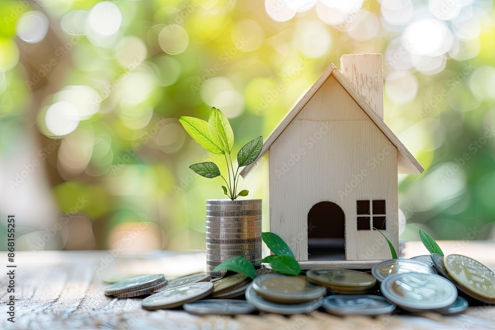 Model house with coins and growing plant, symbolizing real estate investment, sustainable living, property purchase, mortgage, and home loan Model house with coins and growing plant, symbolizing real estate investment, sustainable living, property purchase, mortgage, and home loan