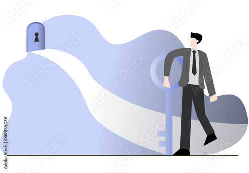 A businessman walking a long way holding big key while going to the unlock the successful path vector flat art.