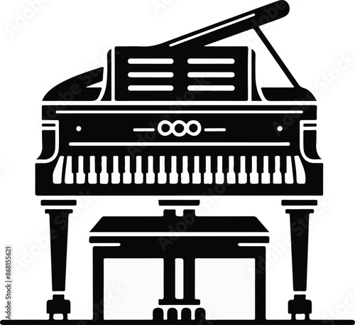 Vector engraved style illustration for posters, decoration and print. Hand drawn sketch of piano in monochrome isolated on white background. Detailed vintage woodcut style drawing