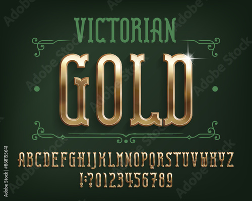 Victorian gold alphabet font. 3d golden letters and numbers. Stock vector typeface for your design.