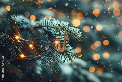 Fir tree branch with wooden note against blurred lights space for text. Christmas music