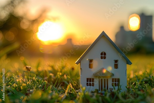 Model house stands in a field of grass at sunset. Concepts. real estate, homeownership, buying a home, mortgage, property, investment.