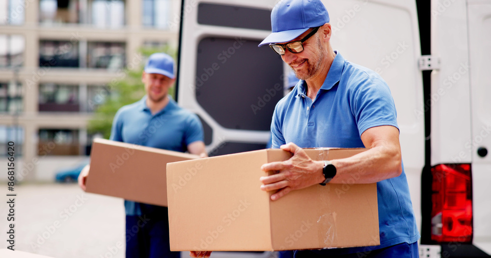 Certified technician unloading van, installing furniture in new home Certified technician unloading van, installing furniture in new home