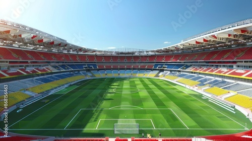 Empty red seats curve around a green field in a massive sports stadium from above