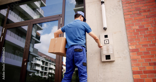 Professional courier using advanced intercom system for secure deliveries © Andrey Popov