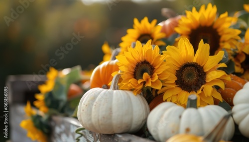 Vibrant sunflowers and white pumpkins in a rustic wooden crate. Perfect for autumn, harvest, and festive seasonal decor.