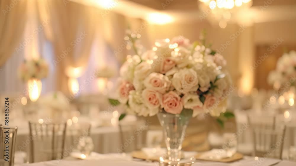 Wedding reception with elegant white and pink flowers decorating a grand ballroom, Elegant decorations adorning a grand ballroom Wedding reception with elegant white and pink flowers decorating a grand ballroom, Elegant decorations adorning a grand ballroom