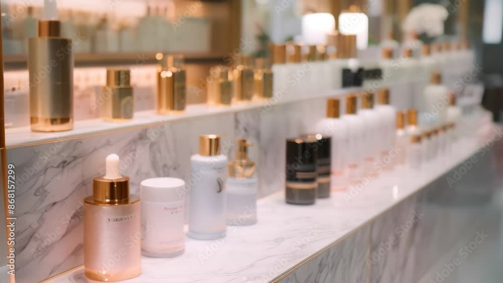 Various skincare products and tools neatly arranged in a row on a luxurious marble counter, Elegant displays of skincare products and tools for sale Various skincare products and tools neatly arranged in a row on a luxurious marble counter, Elegant displays of skincare products and tools for sale