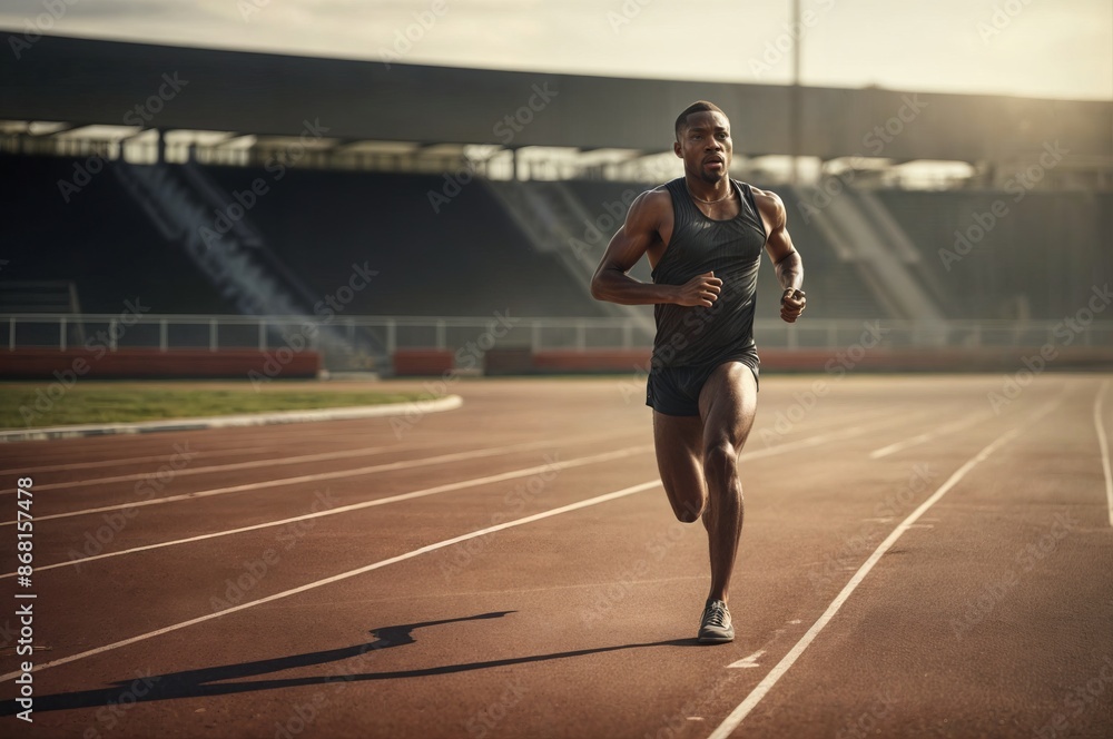 Male athlete running on track at a stadium Male athlete running on track at a stadium