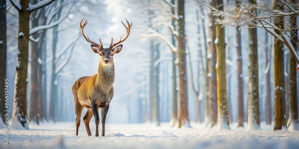 Deer standing gracefully in a serene snow-covered forest, winter, cold, wildlife, nature, peaceful, white, snowflakes, animals Deer standing gracefully in a serene snow-covered forest, winter, cold, wildlife, nature, peaceful, white, snowflakes, animals
