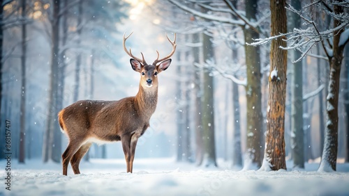 Deer standing gracefully in a serene snow-covered forest, winter, cold, wildlife, nature, peaceful, white, snowflakes, animals © Sujid