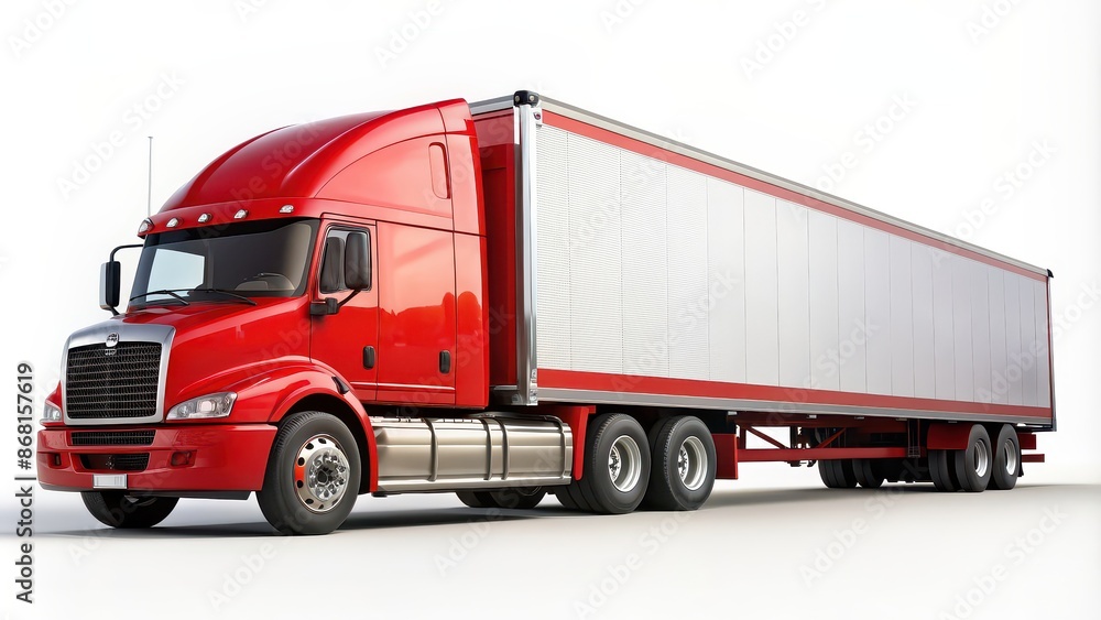 Big red semi tractor trailer with blank white space for copy, big rig, transportation, trucking, logistics, delivery Big red semi tractor trailer with blank white space for copy, big rig, transportation, trucking, logistics, delivery