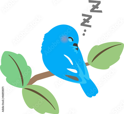 木の枝の上で眠る青い小鳥
