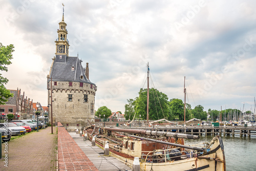 View at the Harbour with Hoofdtoren tower in the streets of Hoorn in Netherlands photo