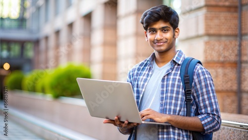 A young Indian male student with a laptop and backpack standing outdoors in a modern campus setting