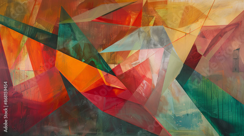 Vibrant oil painting with sharp angles and smooth transitions in shades of red, green, orange, and gray.