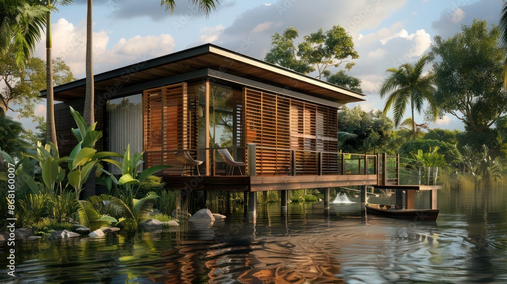 riverside cabin with natural wood Bahama shutters, harmonizing with the watery landscape riverside cabin with natural wood Bahama shutters, harmonizing with the watery landscape