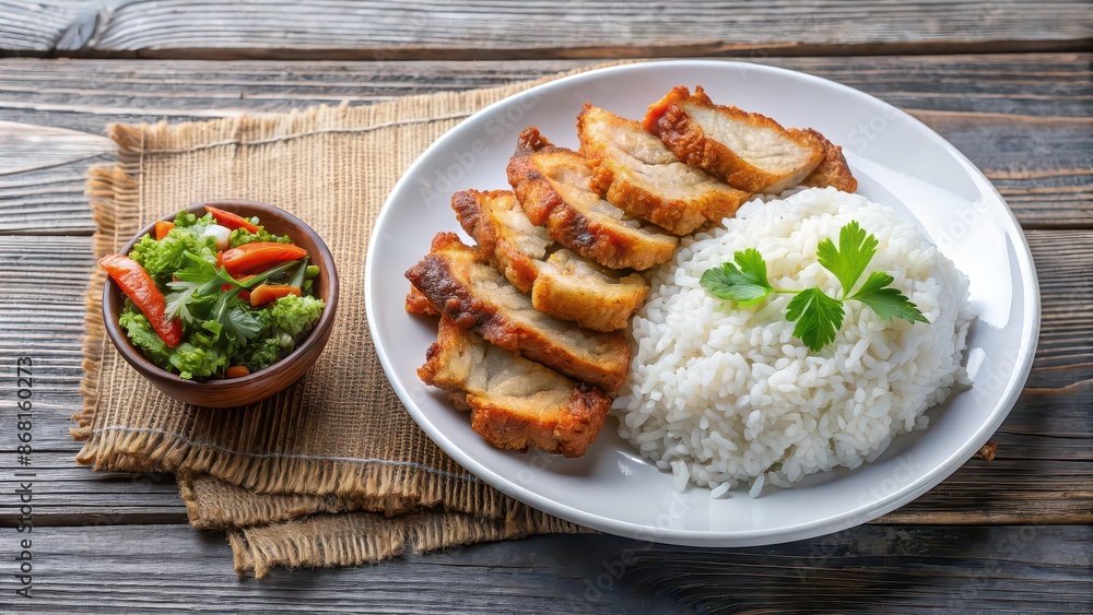 Fried pork with rice dish served on a white plate , delicious, Asian cuisine, homemade, comfort food, meal, lunch Fried pork with rice dish served on a white plate , delicious, Asian cuisine, homemade, comfort food, meal, lunch