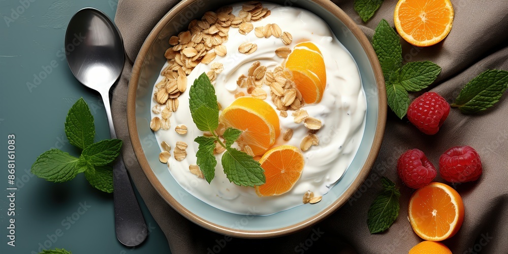 Yogurt Parfait with Oatmeal, Oranges and Raspberries