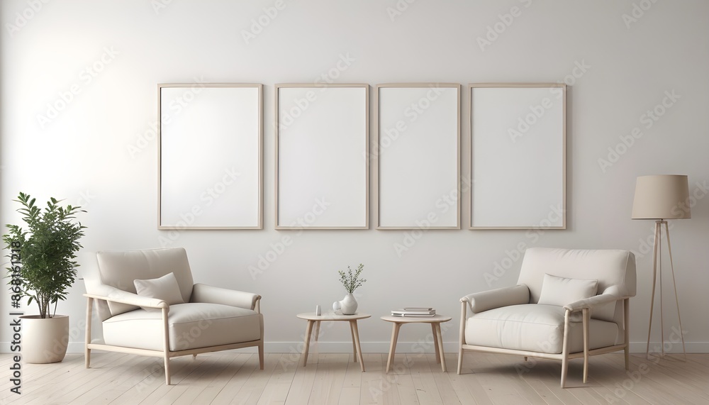 Fototapeta premium Frame mockup, ISO A paper size. Bedroom poster mockup. Modern interior design. Living room Interior mockup with house background. 3D render