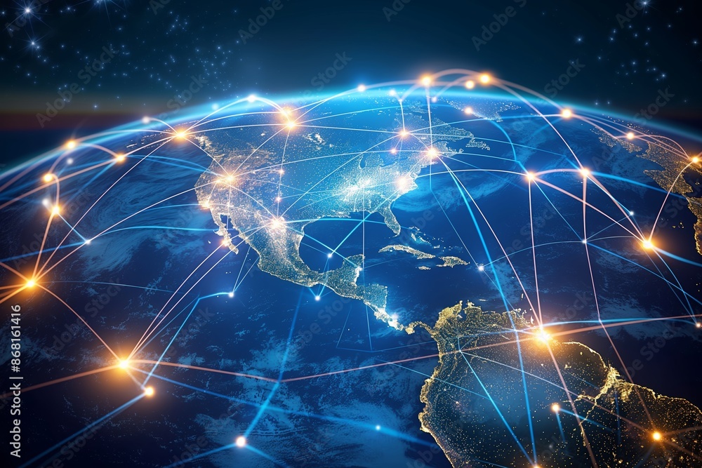Abstract digital world map, concept of global network and connectivity on Earth, data transfer and cyber technology, information exchange and international telecommunication Abstract digital world map, concept of global network and connectivity on Earth, data transfer and cyber technology, information exchange and international telecommunication