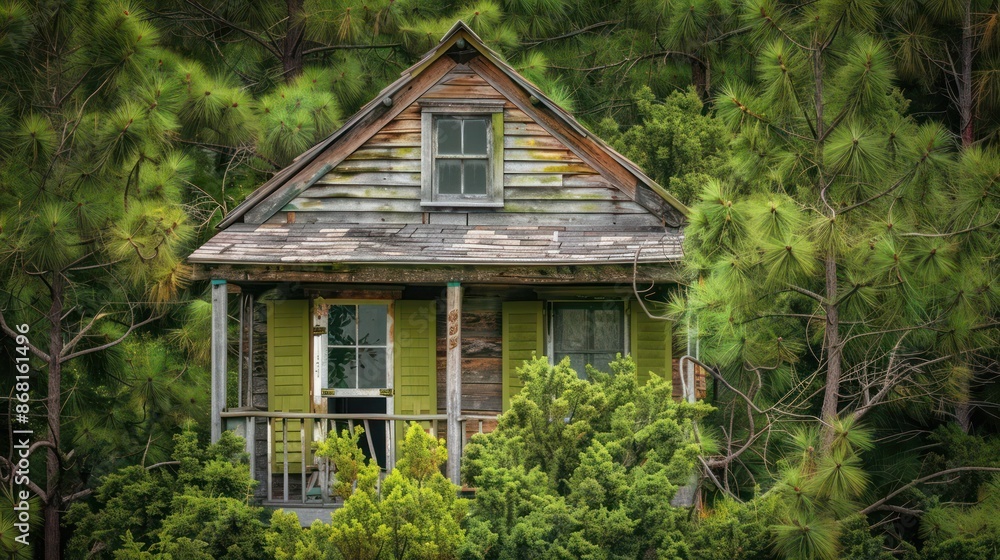 rustic cabin with olive green Bahama shutters, nestled among towering evergreens rustic cabin with olive green Bahama shutters, nestled among towering evergreens