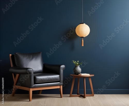 Luxury sofa with lamp in living room interior design on dark blue painted wall background with copy space. Generative AI