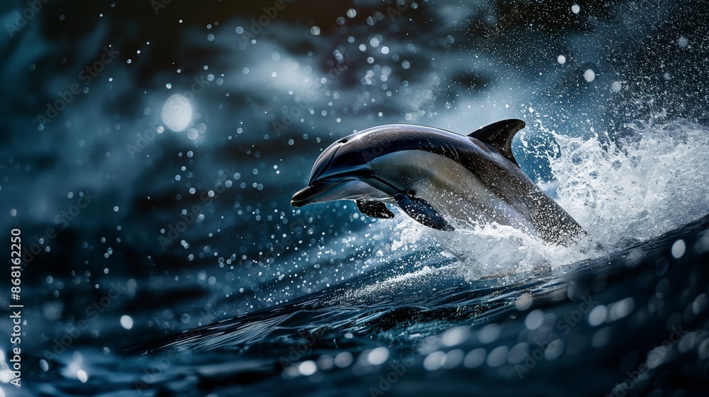 Fototapeta premium A dolphin leaping out of the ocean at night, creating a splash with a beautiful full moon and starry sky backdrop.