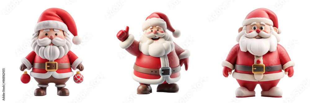Collection of christmas illustration cute 3D character of funny Santas isolated on transparent or white background Collection of christmas illustration cute 3D character of funny Santas isolated on transparent or white background