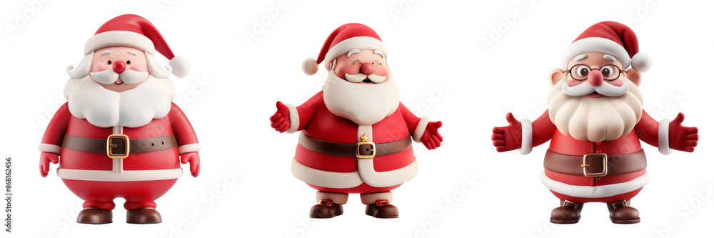 Collection of christmas illustration cute 3D character of funny Santas isolated on transparent or white background Collection of christmas illustration cute 3D character of funny Santas isolated on transparent or white background