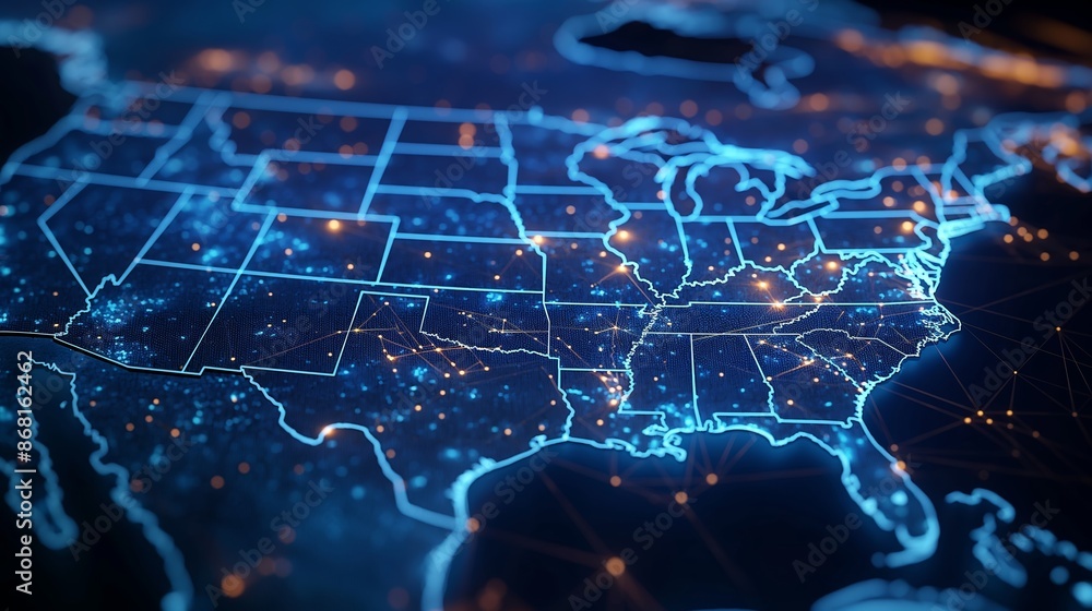 Obraz premium Abstract digital world map, concept of global network and connectivity on Earth, data transfer and cyber technology, information exchange and international telecommunication