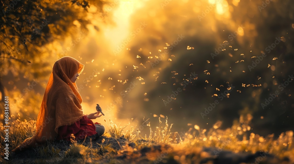 A young girl in a hooded cloak sits in a serene forest clearing at dawn, surrounded by glowing light and gentle flying bugs. A young girl in a hooded cloak sits in a serene forest clearing at dawn, surrounded by glowing light and gentle flying bugs.