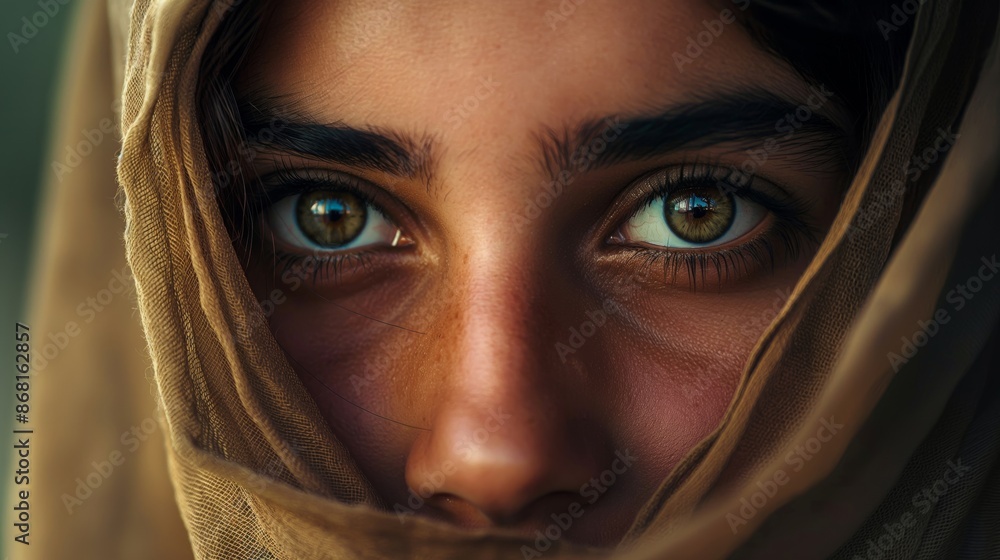 Close-up of captivating eyes and face partially covered by a brown scarf, exuding mystery and depth. Close-up of captivating eyes and face partially covered by a brown scarf, exuding mystery and depth.