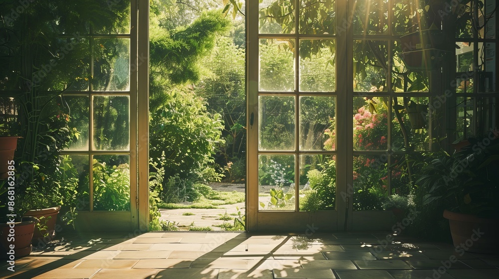 A light-filled room with a wooden floor and glass doors opens onto a garden with a wooden bridge and house A light-filled room with a wooden floor and glass doors opens onto a garden with a wooden bridge and house