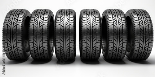 A Row of Six Black Tires Against a White Background photo