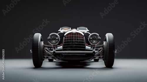 Front view of a vintage black classic car with a sleek design, isolated on a dark background, showcasing elegance and timeless style.