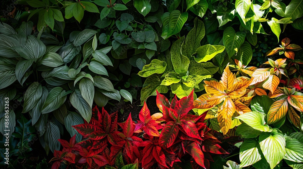 A vibrant carpet of red and yellow autumn leaves blankets a garden in fall A vibrant carpet of red and yellow autumn leaves blankets a garden in fall