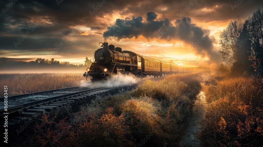 Obraz premium Vintage steam train traveling through the countryside at sunset, with dramatic skies and lush, golden scenery.