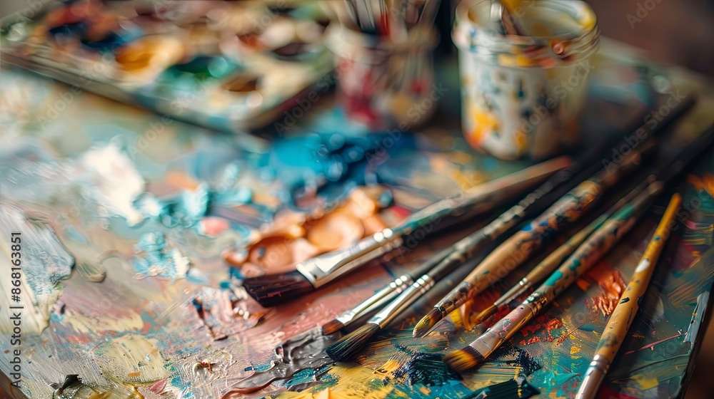 Colorful Artist's Studio with Paint Brushes and Vibrant Palette. Creative Workspace Showcasing Artistic Tools and Paintings. Inspiring Environment for Art Creation and Expression. Colorful Artist's Studio with Paint Brushes and Vibrant Palette. Creative Workspace Showcasing Artistic Tools and Paintings. Inspiring Environment for Art Creation and Expression.