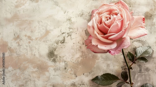 Pink rose on textured vintage paper background #868163861