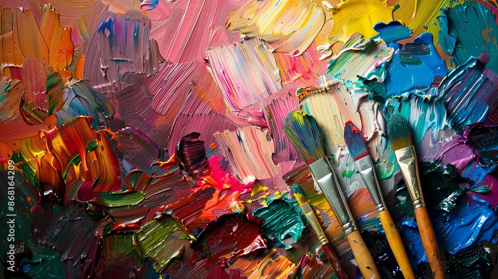 Obraz premium Colorful Artist's Studio with Paint Brushes and Vibrant Palette. Creative Workspace Showcasing Artistic Tools and Paintings. Inspiring Environment for Art Creation and Expression.