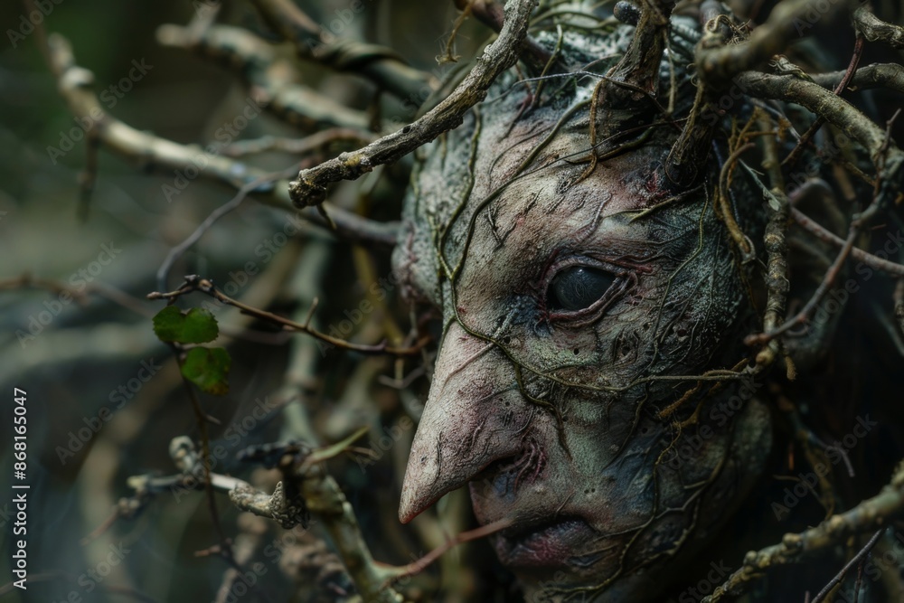 a human face entangled in branches and vines with a melancholic expression in the forest