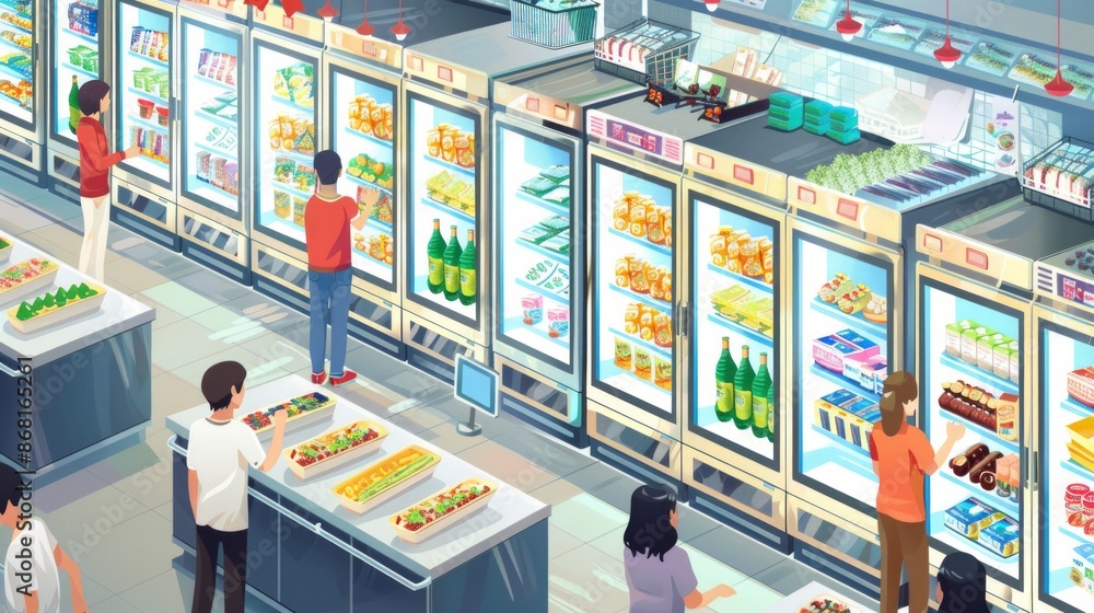 Supermarket Frozen Food Aisle**: Design an image of the frozen food aisle in a supermarket. Freezers are stocked with various frozen meals, vegetables, ice creams, and desserts. Supermarket Frozen Food Aisle**: Design an image of the frozen food aisle in a supermarket. Freezers are stocked with various frozen meals, vegetables, ice creams, and desserts.