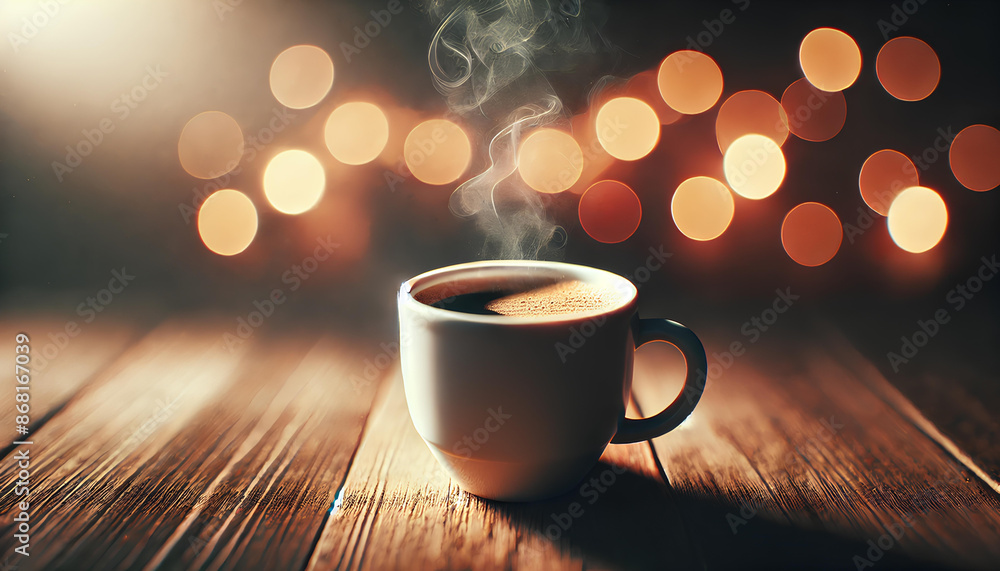 Fototapeta premium A steaming coffee cup with bokeh lights in the background, photorealistic, wide aspect ratio.
